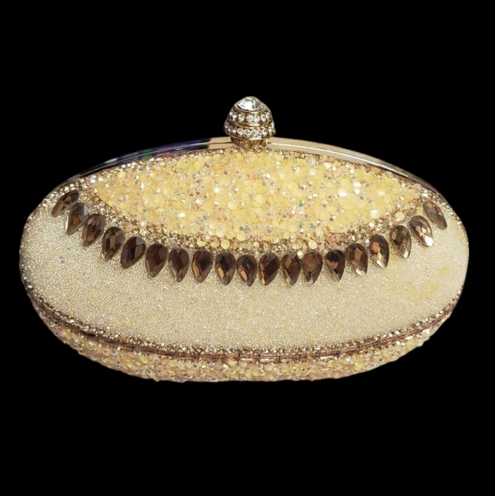 Gold Rhinestone Beaded Oval Clutch Purse Evening Bag